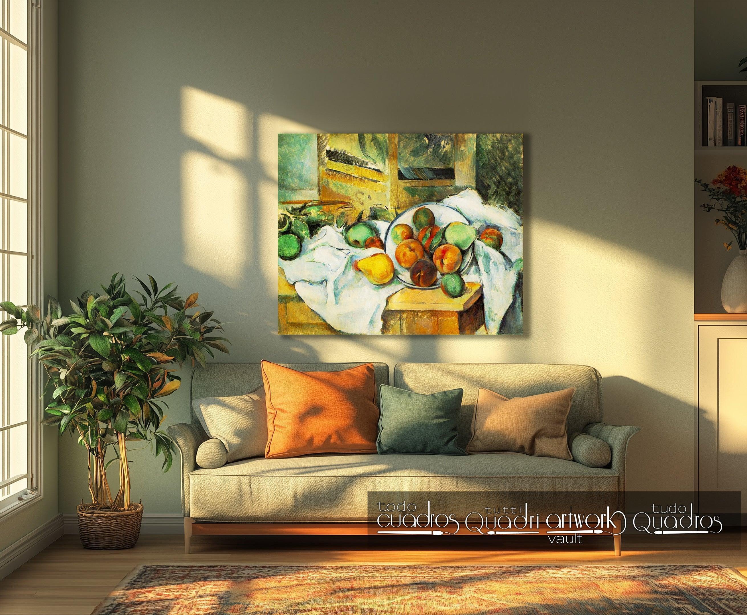 Mesa, toalha e fruta. Cézanne