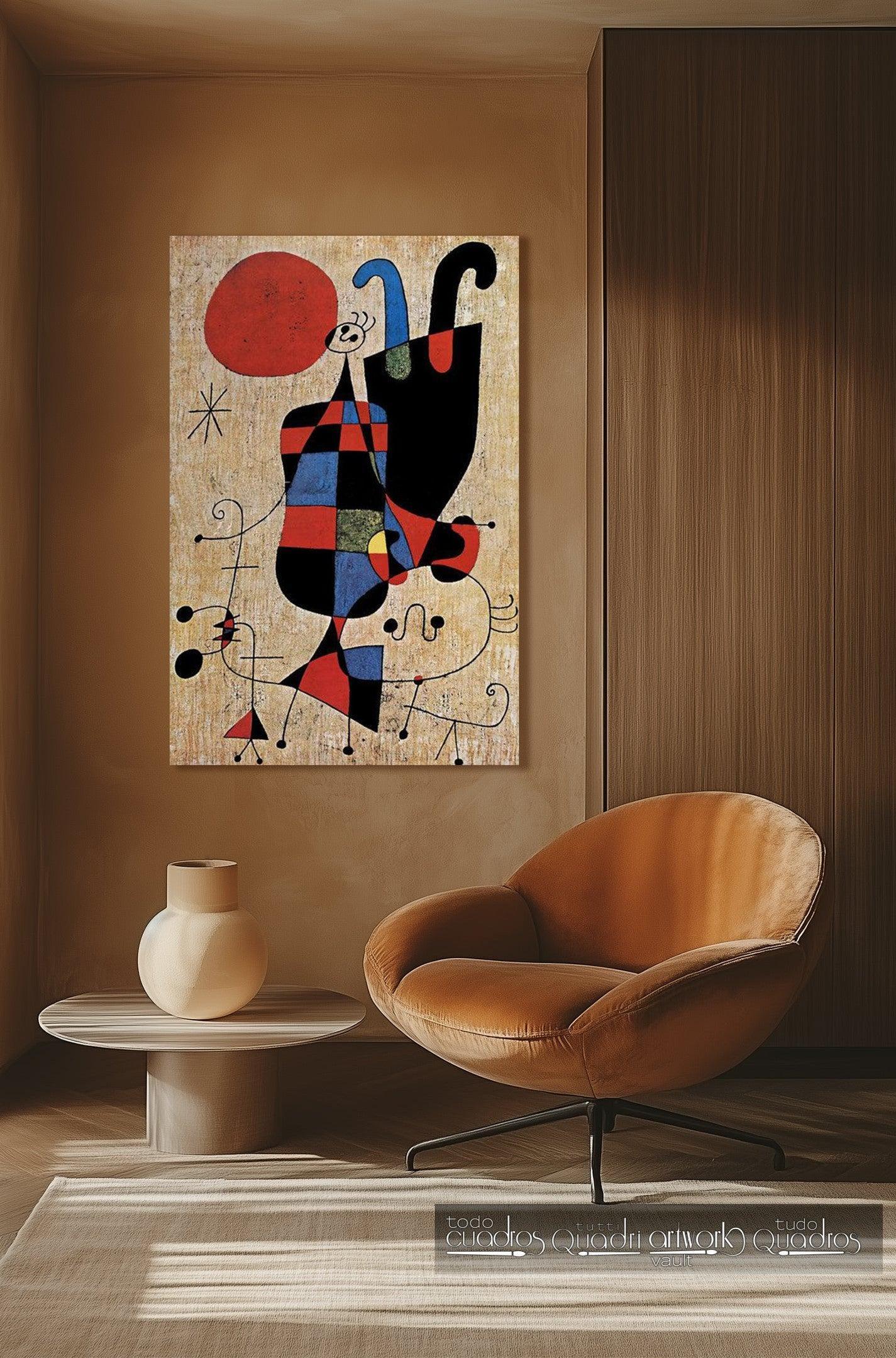 Personagens e cão diante do sol, Miró