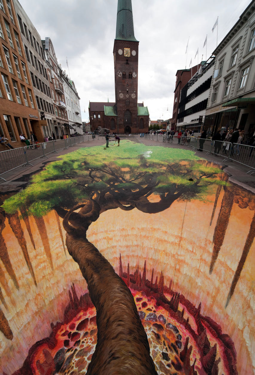 Árvore com fogo pintada em 3D.