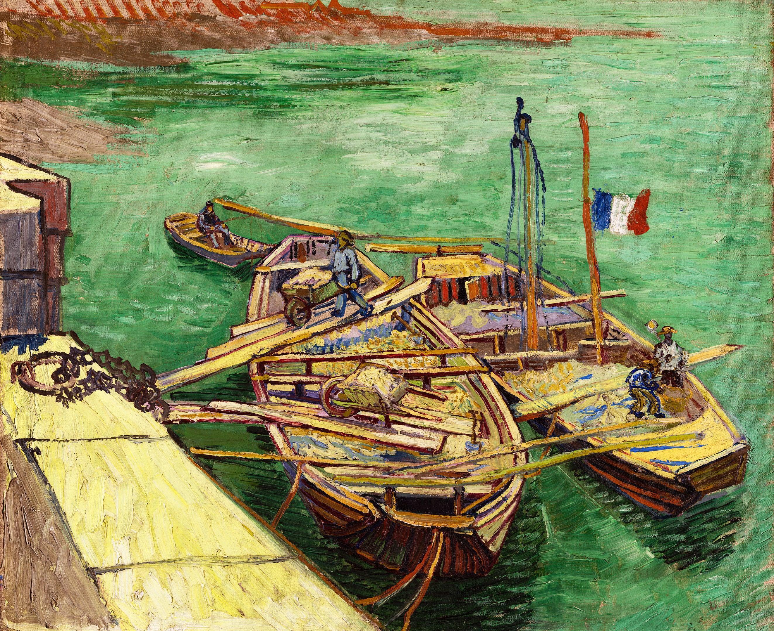 Cais com os homens que descarregam barcas da areia, Van Gogh