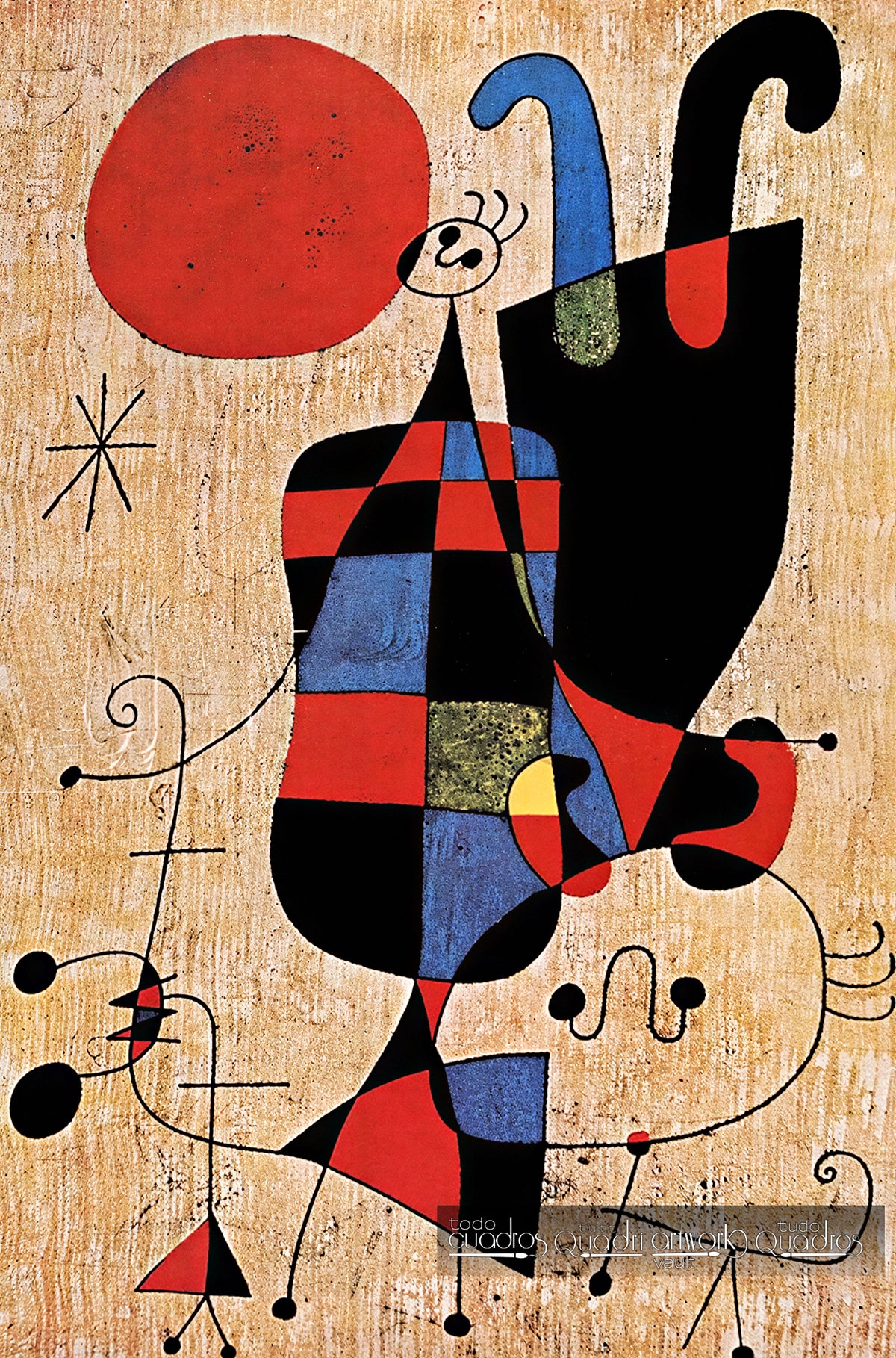 Personagens e cão diante do sol, Miró