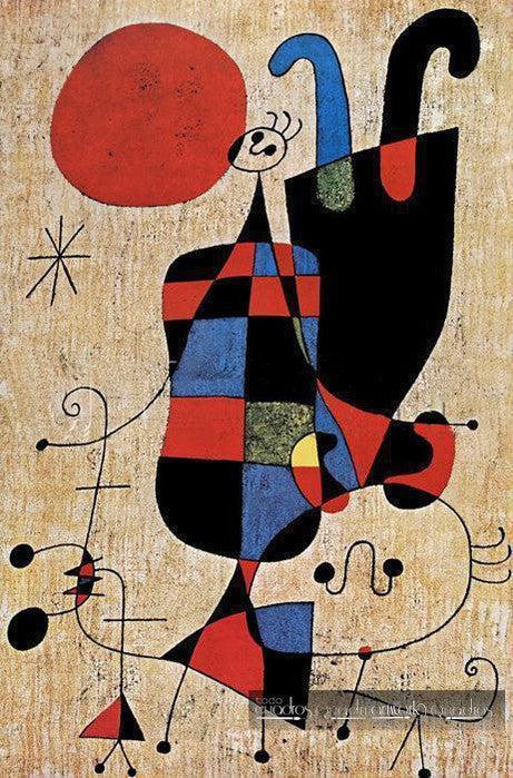 Personagens e cão diante do sol, Miró