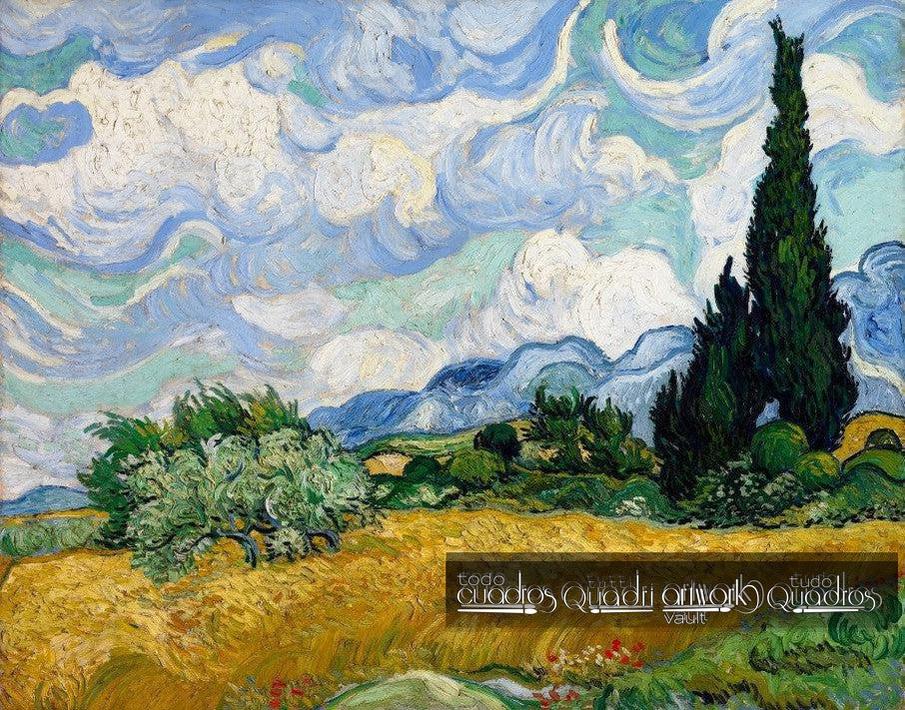 Campo de trigo con cipreses